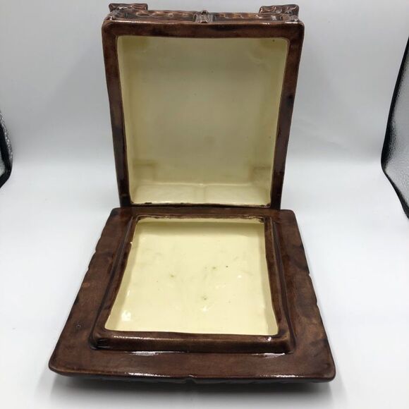 Vintage Mid Century 1970s Pottery Ceramic Brown Square Box With Lid Wood Look - Picture 8 of 13